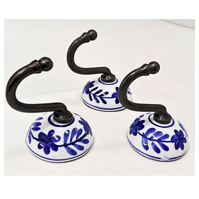 Ceramic Wall Hanger with Blue Floral Design, White and Blue, Set of 3