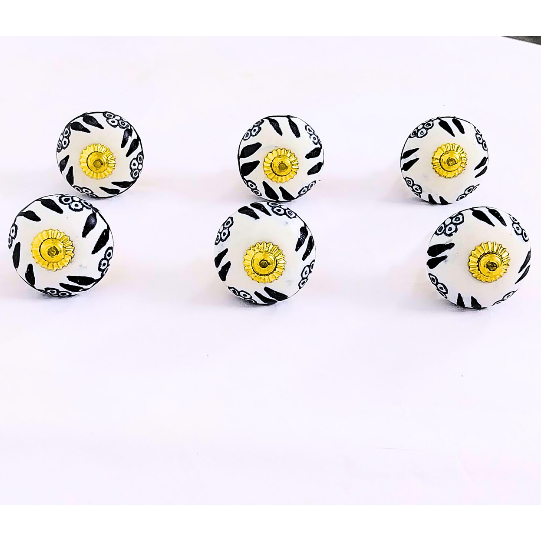 Decorative Ceramic Drawer Knobs, Black and White Floral Pattern with Gold Hardware | Set of 6 Handcrafted Vintage-Style Cabinet Pulls for Drawers