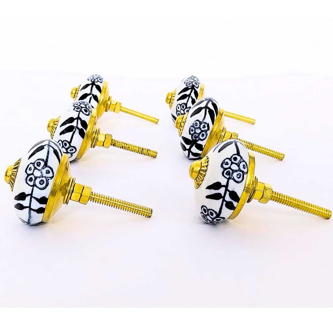 Decorative Ceramic Drawer Knobs, Black and White Floral Pattern with Gold Hardware | Set of 6 Handcrafted Vintage-Style Cabinet Pulls for Drawers