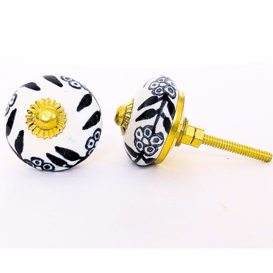 Decorative Ceramic Drawer Knobs, Black and White Floral Pattern with Gold Hardware | Set of 6 Handcrafted Vintage-Style Cabinet Pulls for Drawers