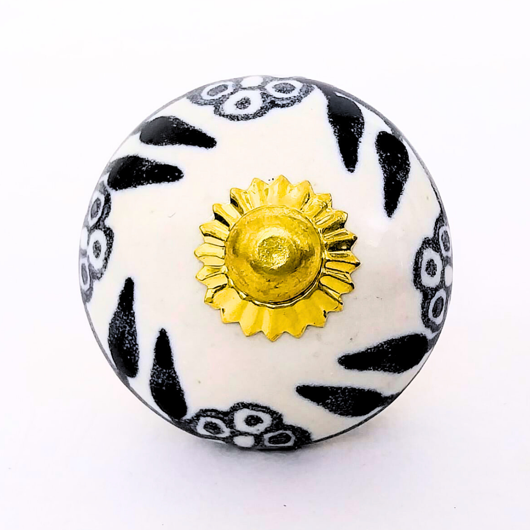 Decorative Ceramic Drawer Knobs, Black and White Floral Pattern with Gold Hardware | Set of 6 Handcrafted Vintage-Style Cabinet Pulls for Drawers