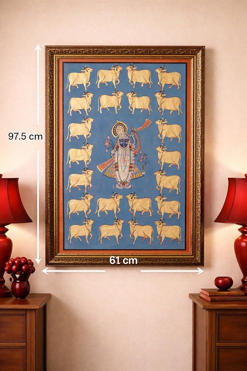 Traditional Indian Spiritual Wall Painting with Sacred Cow Motif | Classic Framed Vertical Artwork | Home & Prayer Room Décor