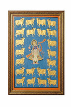 Traditional Indian Spiritual Wall Painting with Sacred Cow Motif | Classic Framed Vertical Artwork | Home & Prayer Room Décor