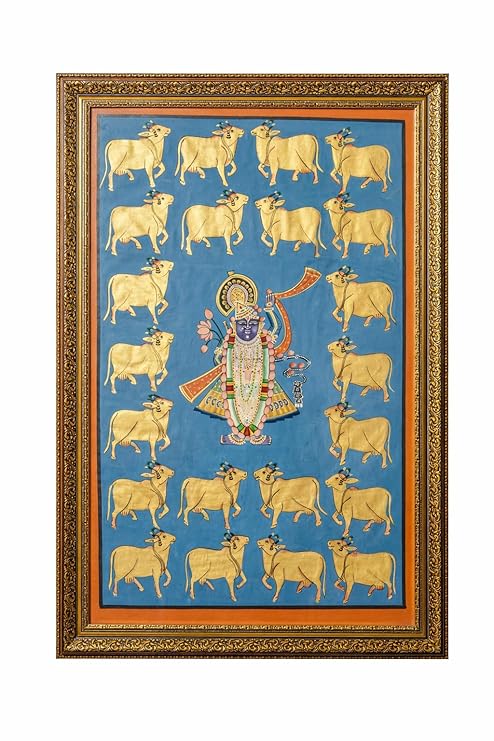Traditional Indian Spiritual Wall Painting with Sacred Cow Motif | Classic Framed Vertical Artwork | Home & Prayer Room Décor