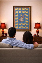 Traditional Indian Spiritual Wall Painting with Sacred Cow Motif | Classic Framed Vertical Artwork | Home & Prayer Room Décor