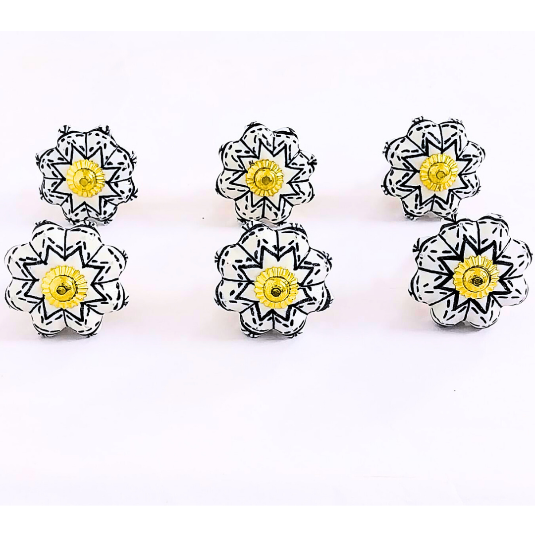 Decorative Ceramic Drawer Knobs with Snowflake Pattern and Gold Accents | Set of 6 White Round Cabinet Pulls | Handcrafted Vintage-Style Handles for Drawers