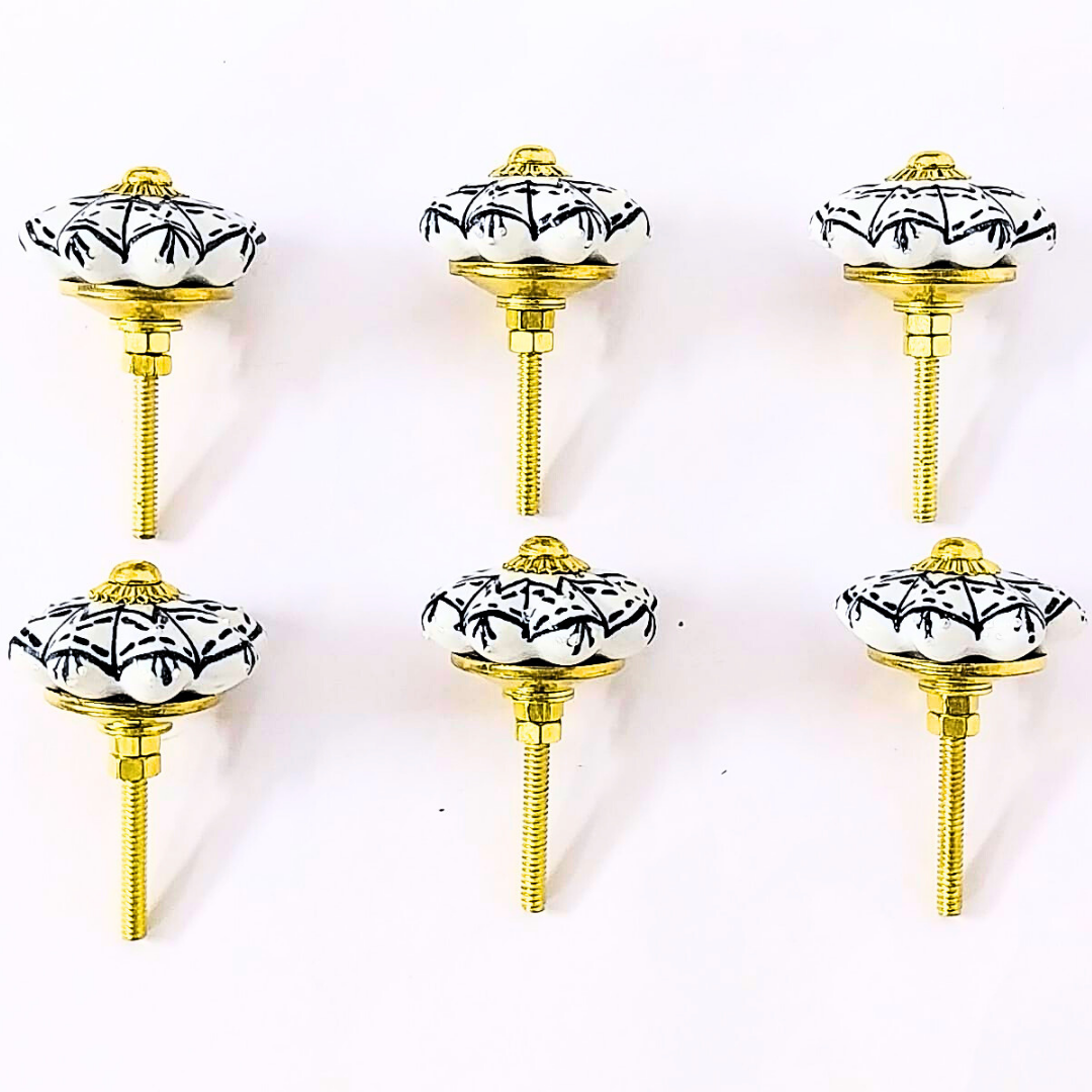 Decorative Ceramic Drawer Knobs with Snowflake Pattern and Gold Accents | Set of 6 White Round Cabinet Pulls | Handcrafted Vintage-Style Handles for Drawers