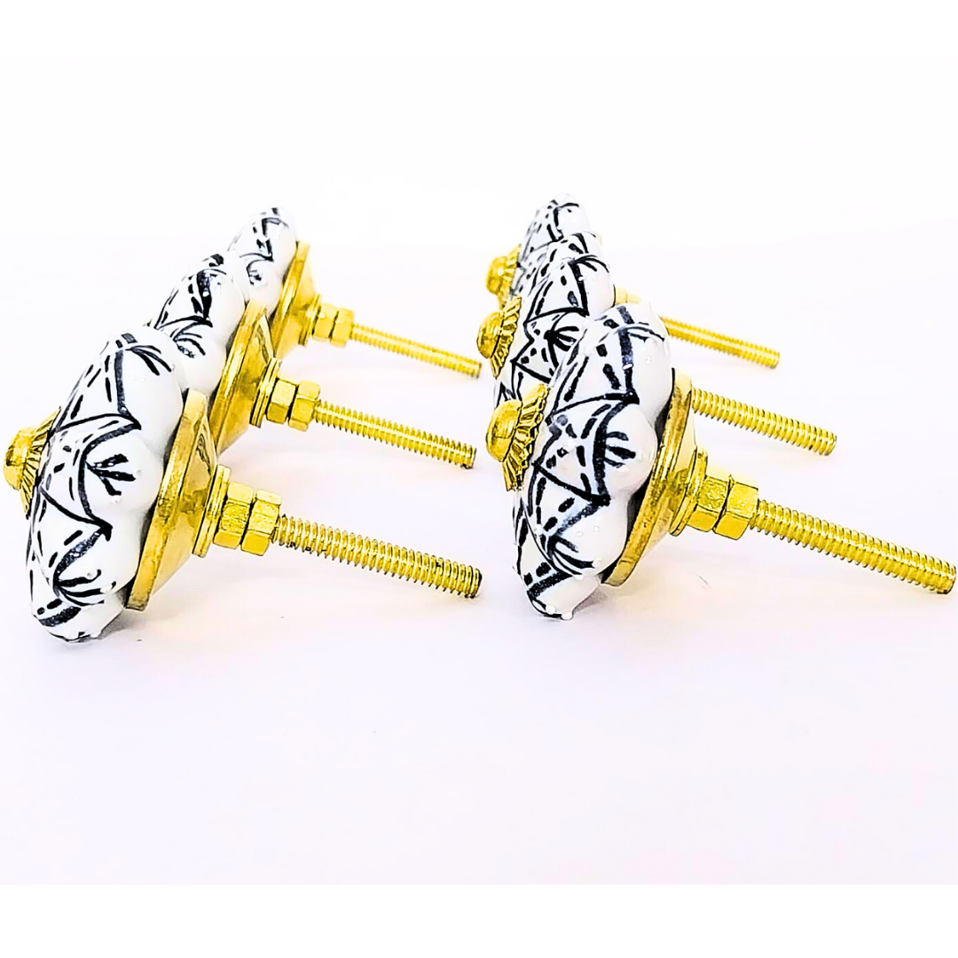 Decorative Ceramic Drawer Knobs with Snowflake Pattern and Gold Accents | Set of 6 White Round Cabinet Pulls | Handcrafted Vintage-Style Handles for Drawers