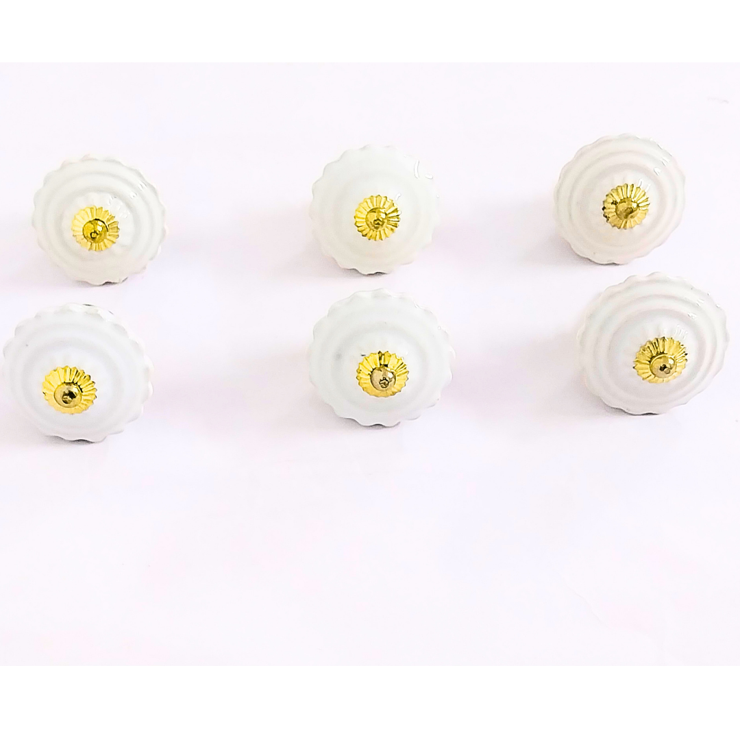 Vintage White Ceramic Drawer Knobs with Gold Hardware | Set of 6 Fluted Design Round Cabinet Pulls | Handcrafted Decorative Handles for Drawers