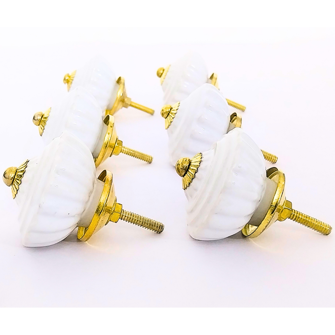 Vintage White Ceramic Drawer Knobs with Gold Hardware | Set of 6 Fluted Design Round Cabinet Pulls | Handcrafted Decorative Handles for Drawers