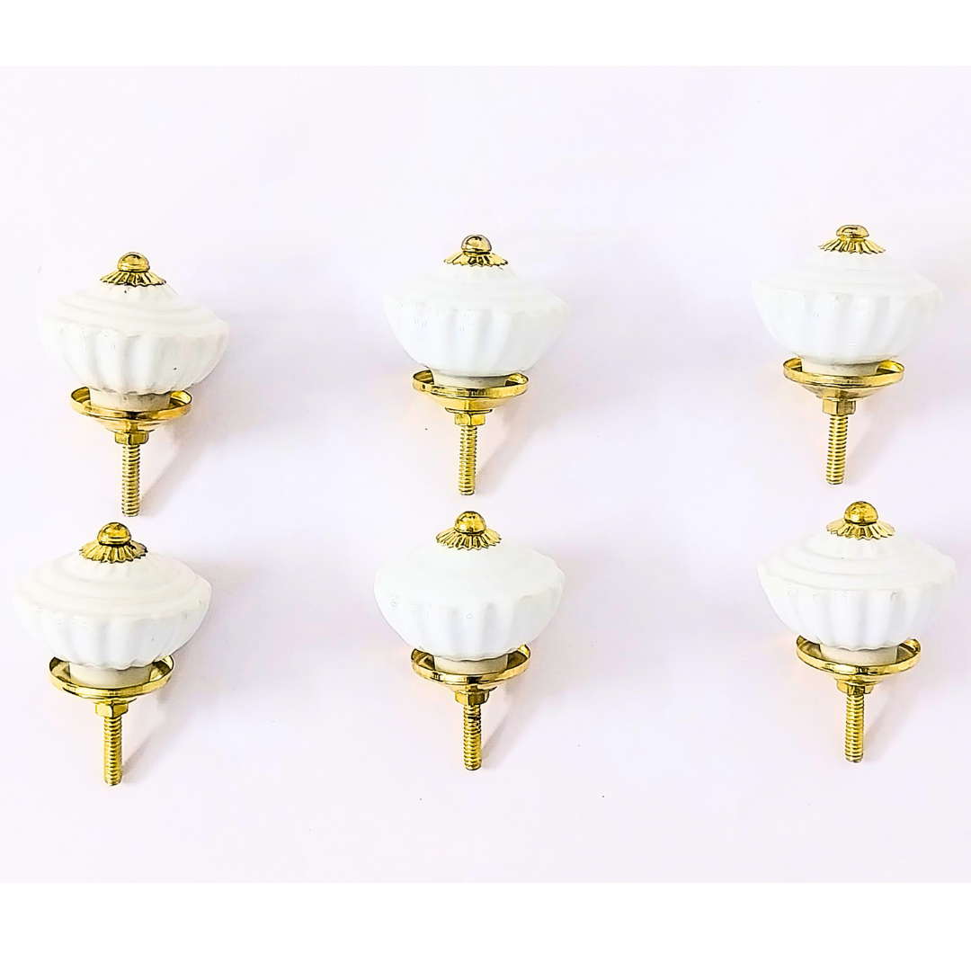 Vintage White Ceramic Drawer Knobs with Gold Hardware | Set of 6 Fluted Design Round Cabinet Pulls | Handcrafted Decorative Handles for Drawers