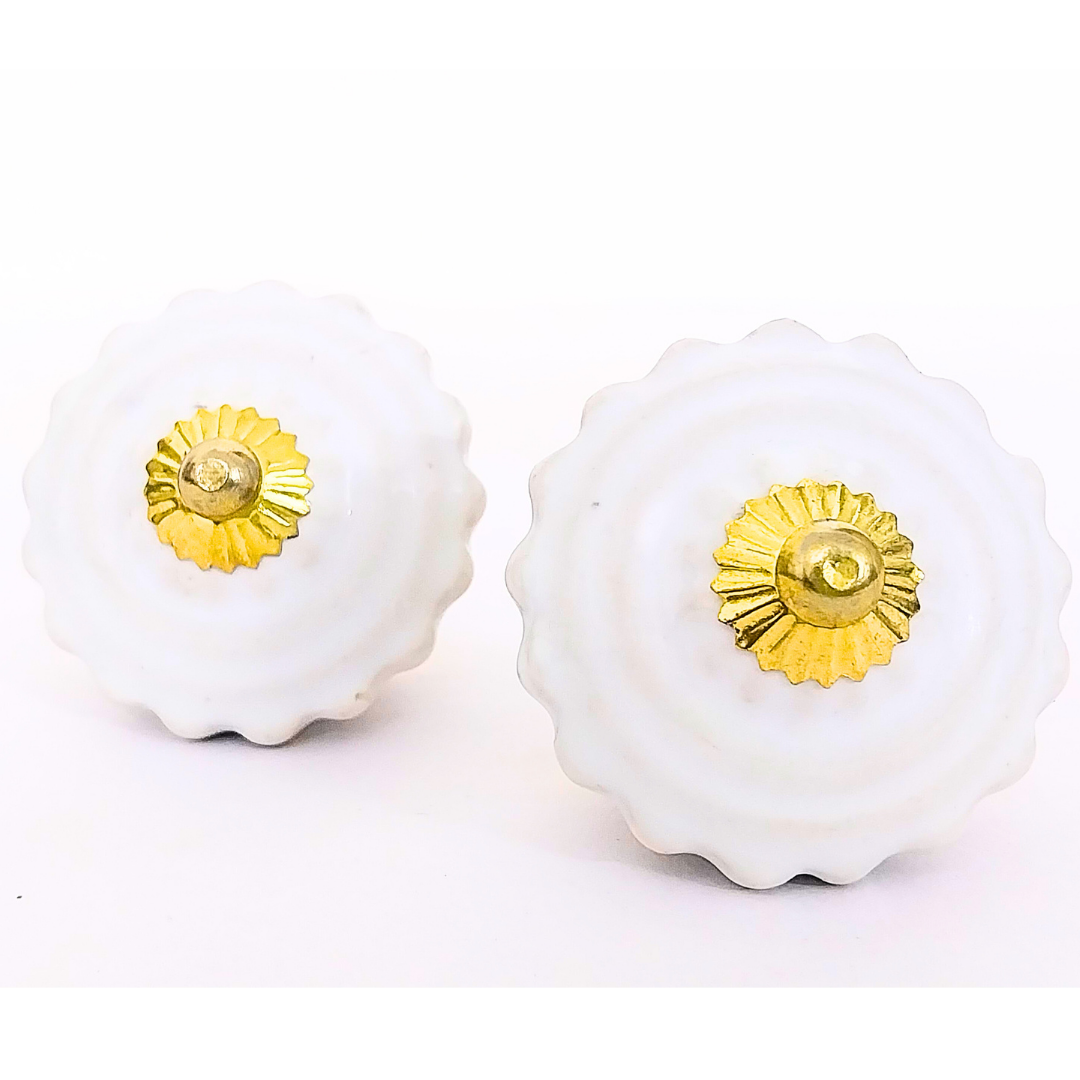 Vintage White Ceramic Drawer Knobs with Gold Hardware | Set of 6 Fluted Design Round Cabinet Pulls | Handcrafted Decorative Handles for Drawers