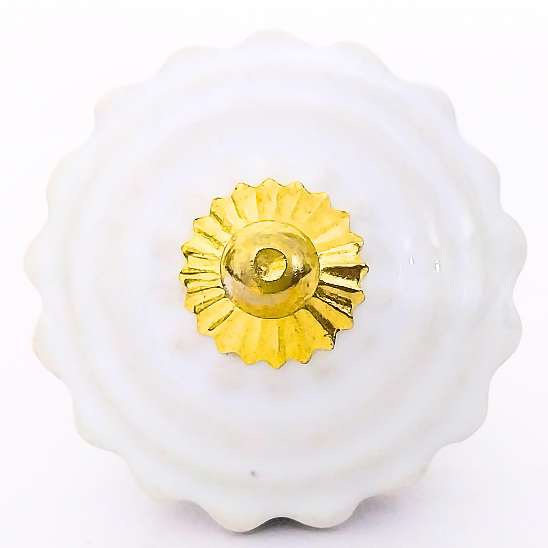Vintage White Ceramic Drawer Knobs with Gold Hardware | Set of 6 Fluted Design Round Cabinet Pulls | Handcrafted Decorative Handles for Drawers
