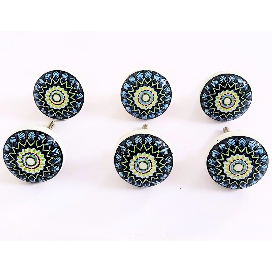 Decorative Ceramic Drawer Knobs with Blue Mandala Pattern | Set of 6 White and Black Cabinet Pulls with Metal Hardware | Handcrafted Vintage-Style Handles for Drawers