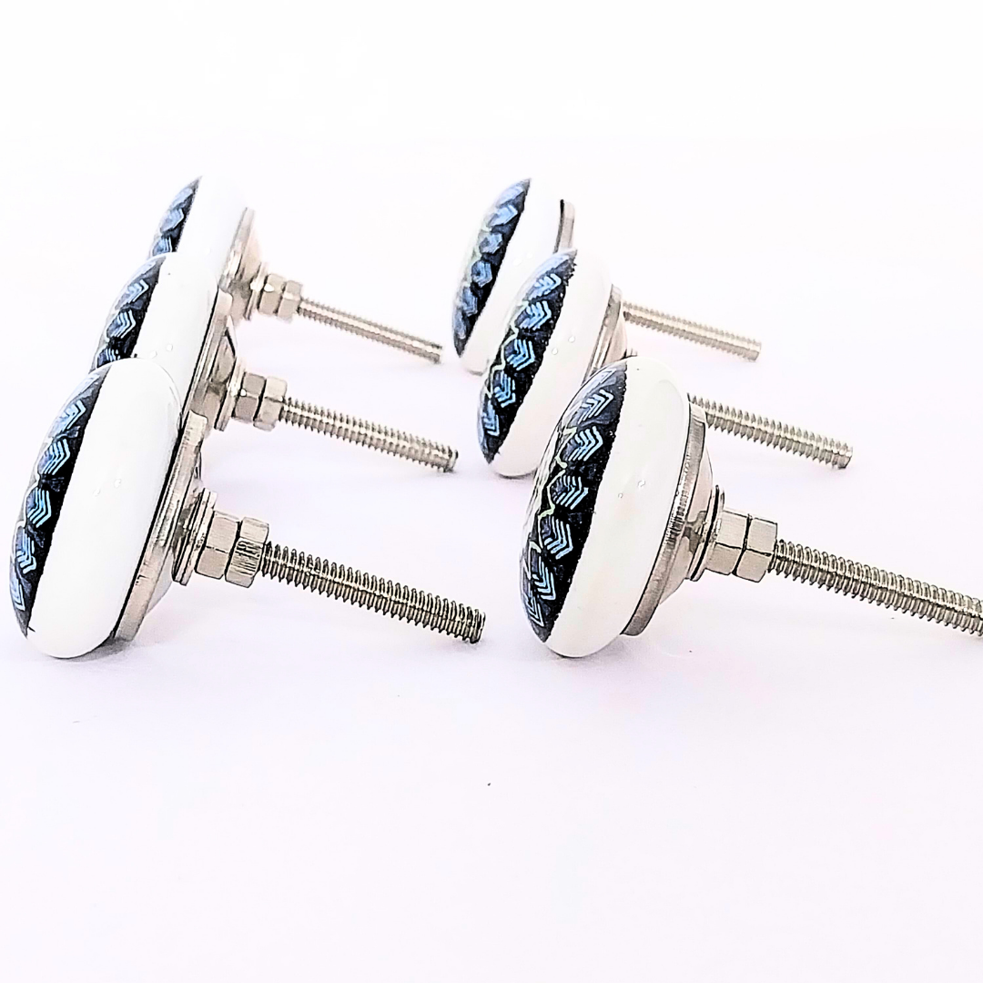 Decorative Ceramic Drawer Knobs with Blue Mandala Pattern | Set of 6 White and Black Cabinet Pulls with Metal Hardware | Handcrafted Vintage-Style Handles for Drawers