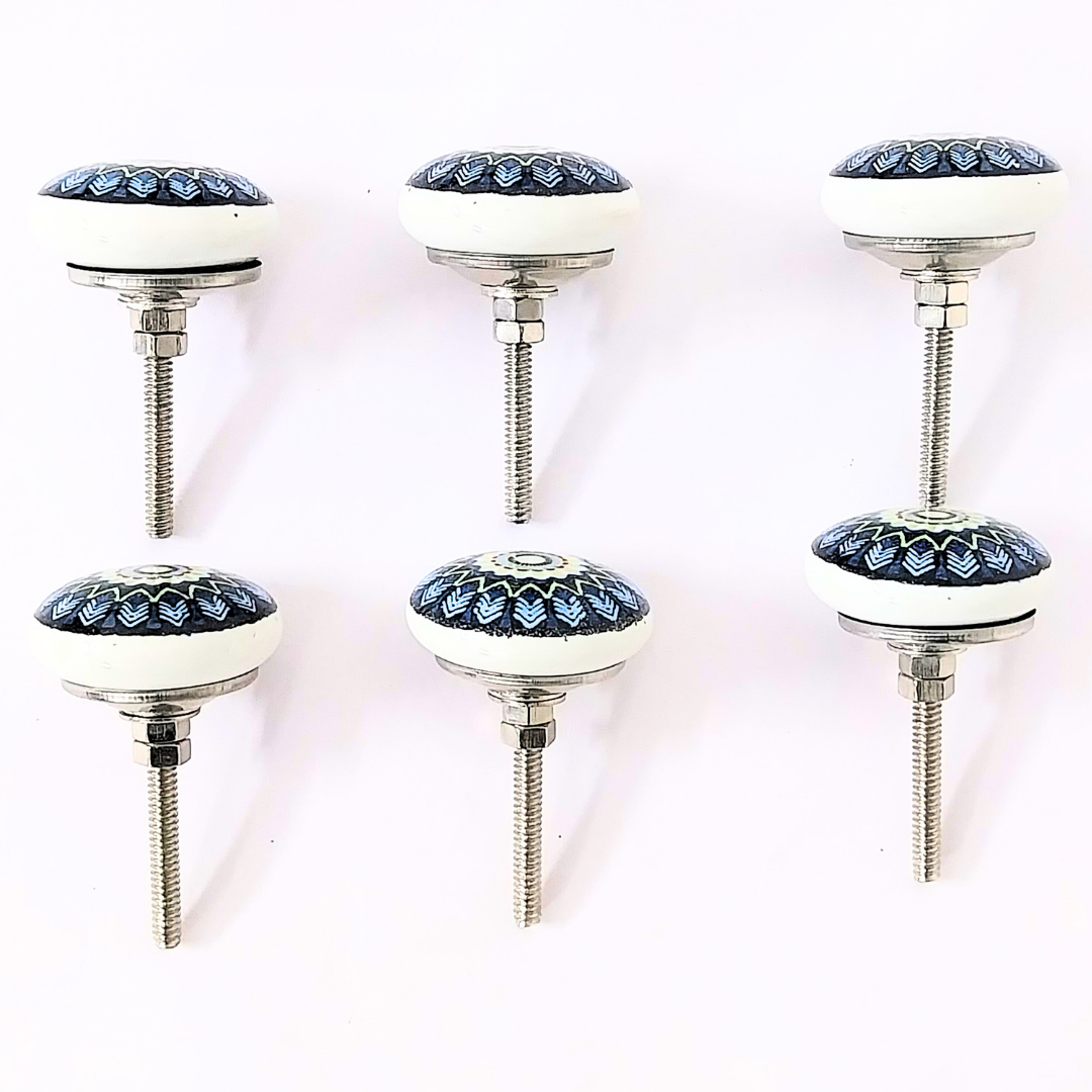 Decorative Ceramic Drawer Knobs with Blue Mandala Pattern | Set of 6 White and Black Cabinet Pulls with Metal Hardware | Handcrafted Vintage-Style Handles for Drawers