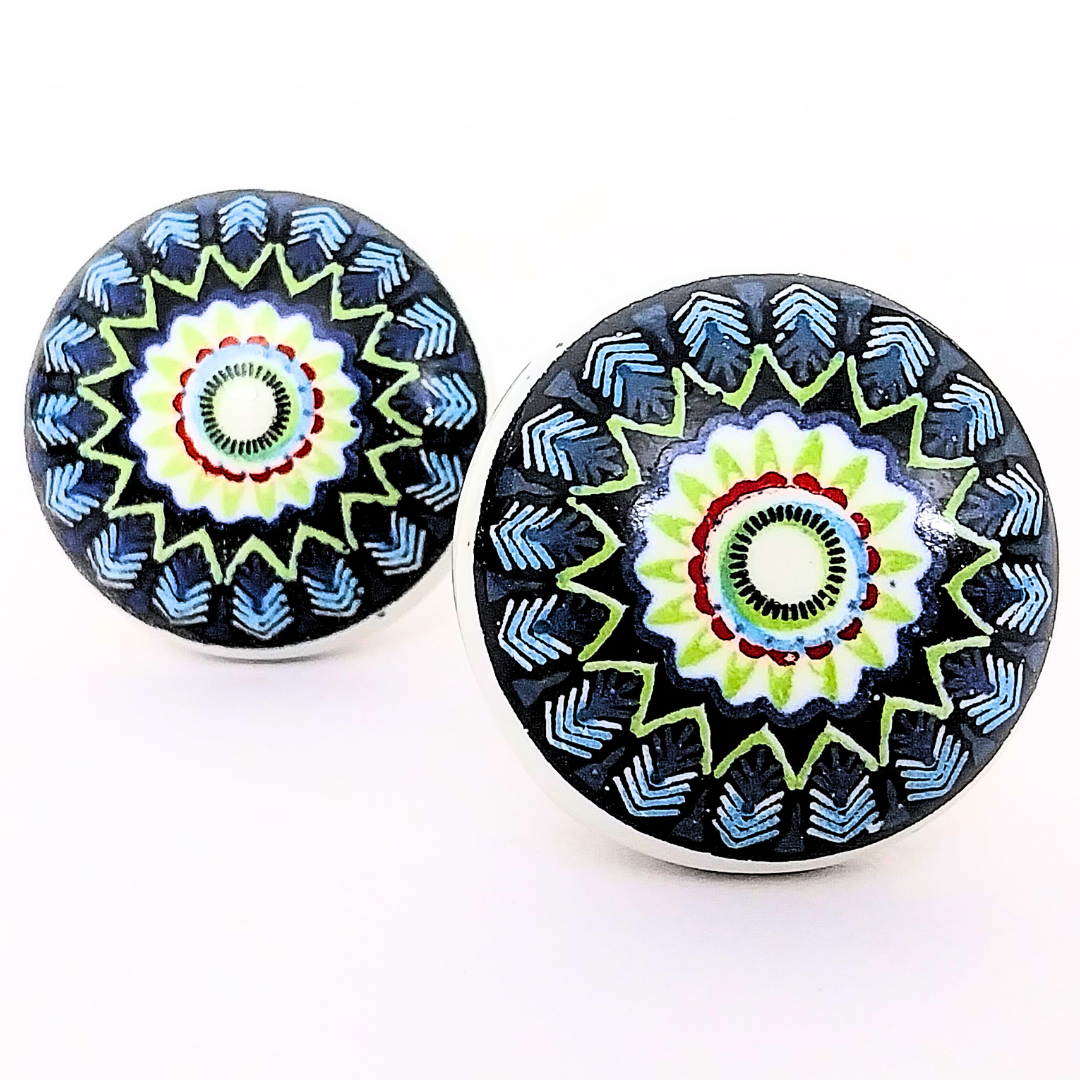 Decorative Ceramic Drawer Knobs with Blue Mandala Pattern | Set of 6 White and Black Cabinet Pulls with Metal Hardware | Handcrafted Vintage-Style Handles for Drawers