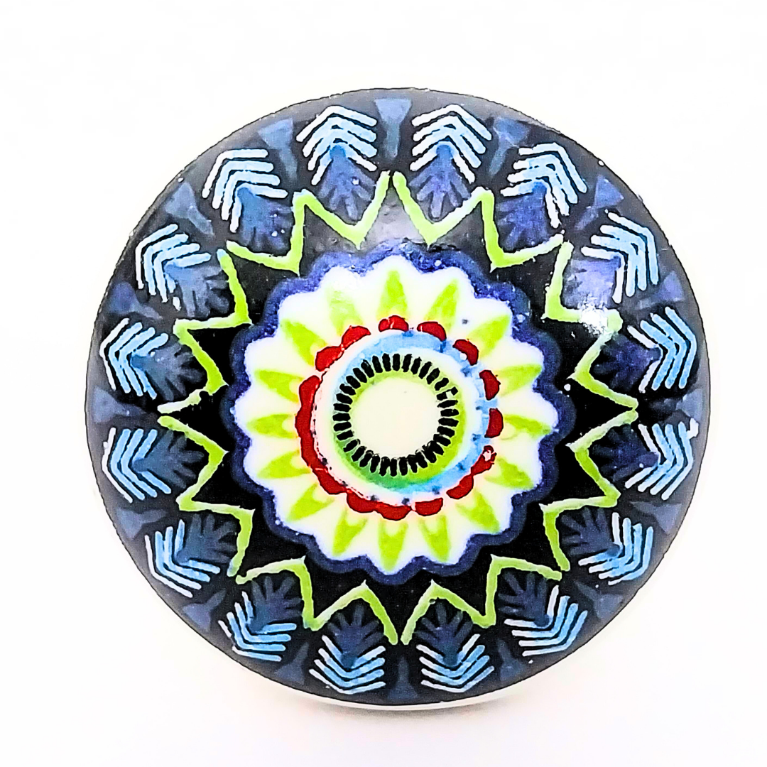 Decorative Ceramic Drawer Knobs with Blue Mandala Pattern | Set of 6 White and Black Cabinet Pulls with Metal Hardware | Handcrafted Vintage-Style Handles for Drawers