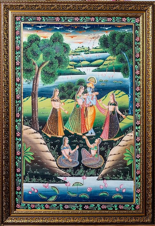 ALLY CRAFTS Traditional Indian Radha Krishna Wall Painting | Classic Framed Vertical Artwork | Handmade Indian Heritage Spiritual Home Décor