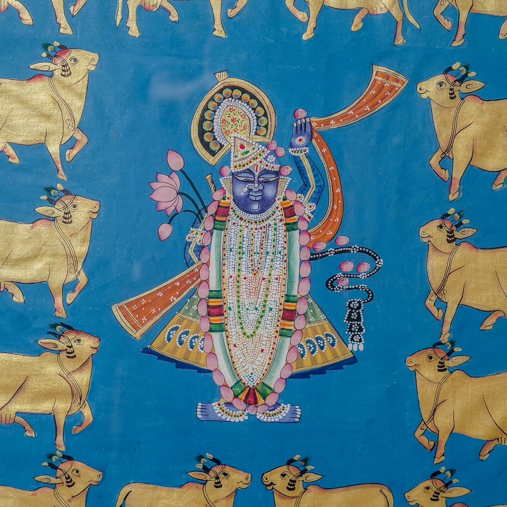 Traditional Indian Spiritual Wall Painting with Sacred Cow Motif | Classic Framed Vertical Artwork | Home & Prayer Room Décor