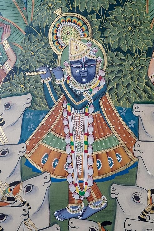 ALLY CRAFTS Traditional Indian Spiritual Wall Painting with Cow Motif | Classic Framed Vertical Artwork | Handmade Indian Heritage Home & Prayer Room Décor