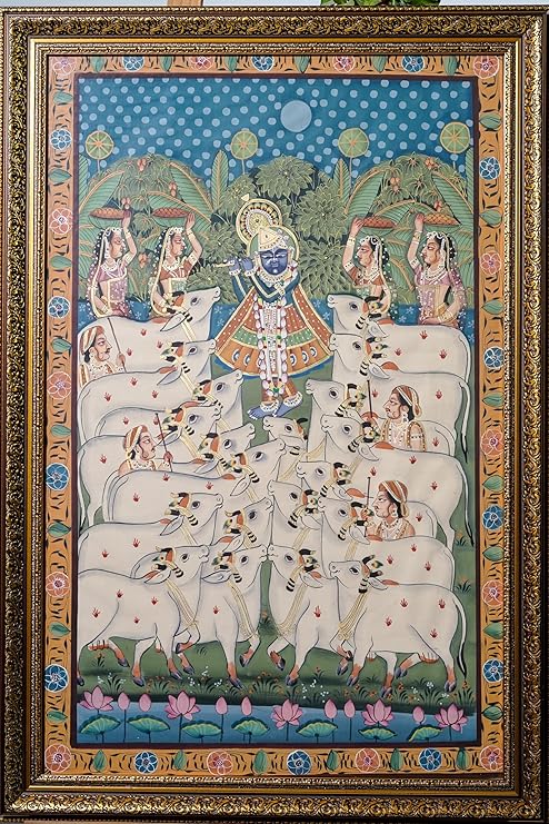 ALLY CRAFTS Traditional Indian Spiritual Wall Painting with Cow Motif | Classic Framed Vertical Artwork | Handmade Indian Heritage Home & Prayer Room Décor