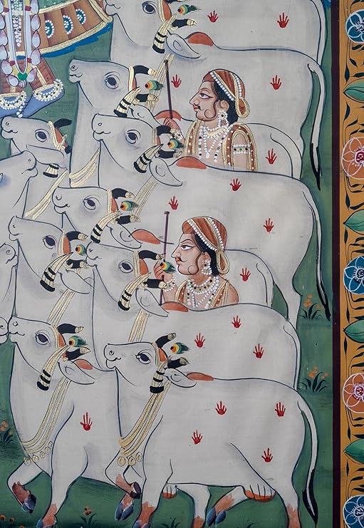 ALLY CRAFTS Traditional Indian Spiritual Wall Painting with Cow Motif | Classic Framed Vertical Artwork | Handmade Indian Heritage Home & Prayer Room Décor