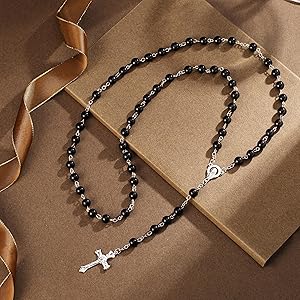 Vintage Black Beaded Rosary Necklace with Cross Pendant | Christian Prayer Chain | Religious Faith Jewelry for Men & Women
