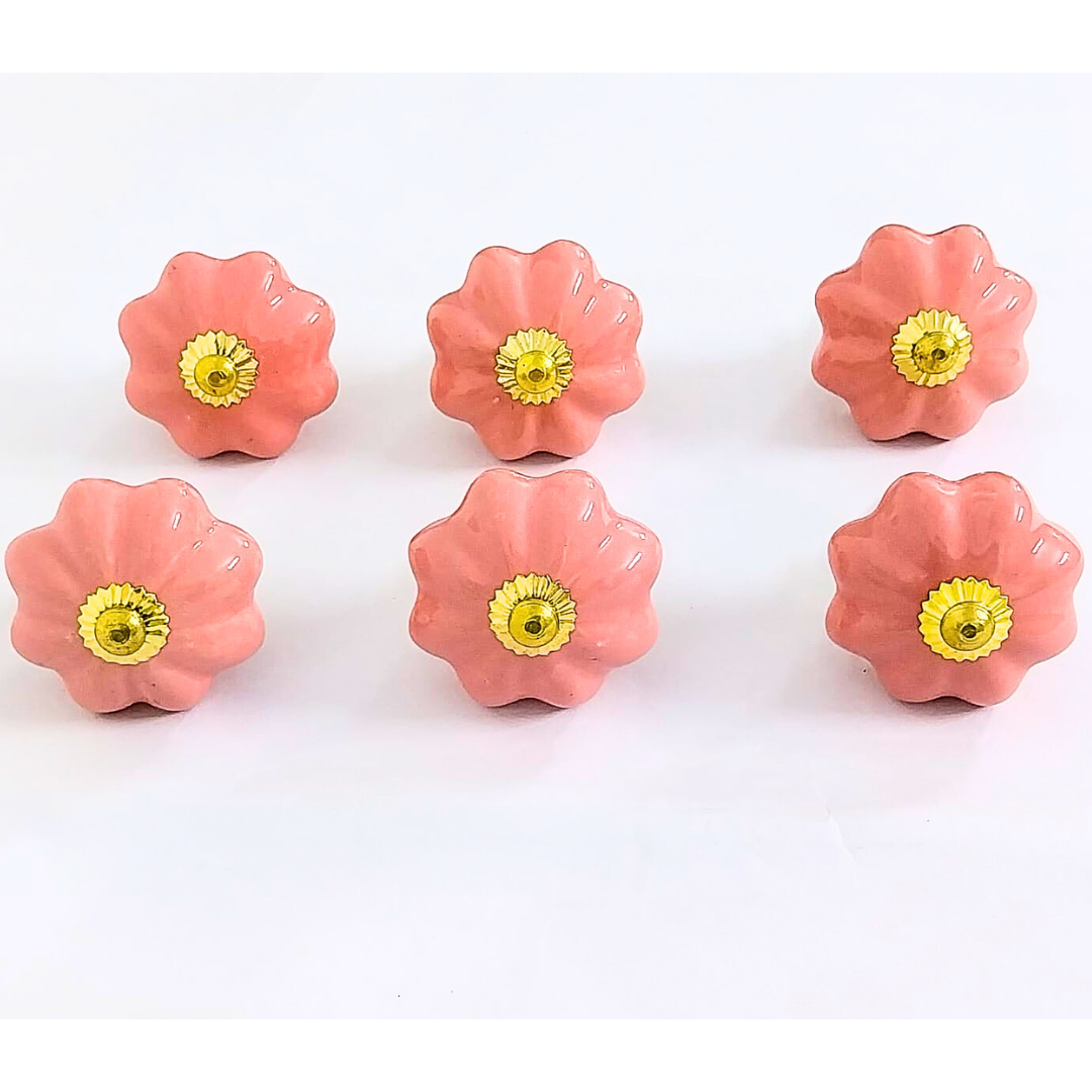 Pink Pumpkin Design Handcrafted Ceramic Knobs | Golden Fittings Drawer Pulls & Cupboard Handles | Set of 6 | Decorative Vintage Hardware for Cabinets, Dressers & Wardrobes