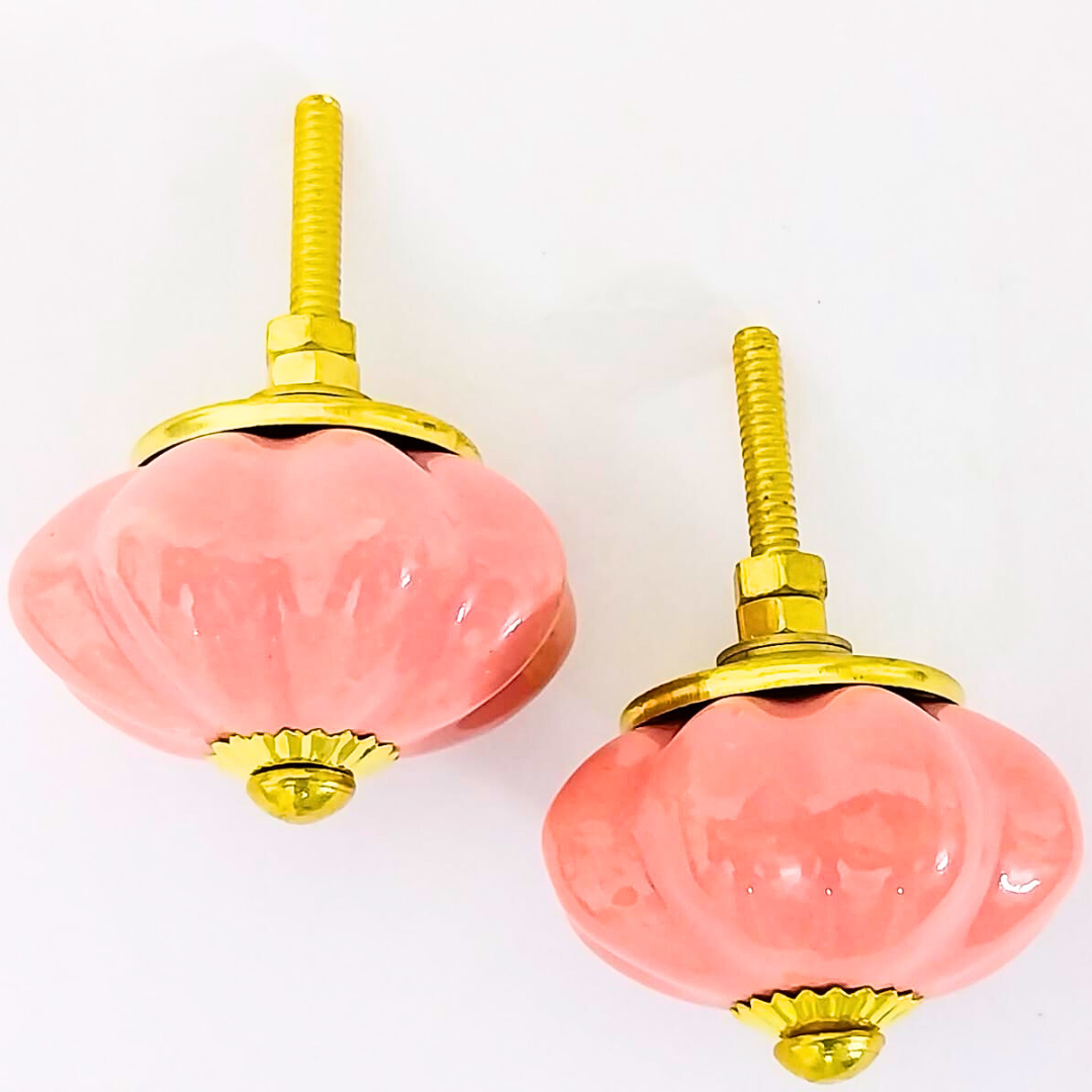 Pink Pumpkin Design Handcrafted Ceramic Knobs | Golden Fittings Drawer Pulls & Cupboard Handles | Set of 6 | Decorative Vintage Hardware for Cabinets, Dressers & Wardrobes