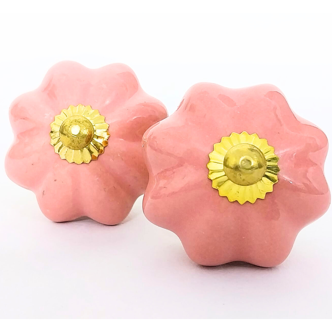 Pink Pumpkin Design Handcrafted Ceramic Knobs | Golden Fittings Drawer Pulls & Cupboard Handles | Set of 6 | Decorative Vintage Hardware for Cabinets, Dressers & Wardrobes