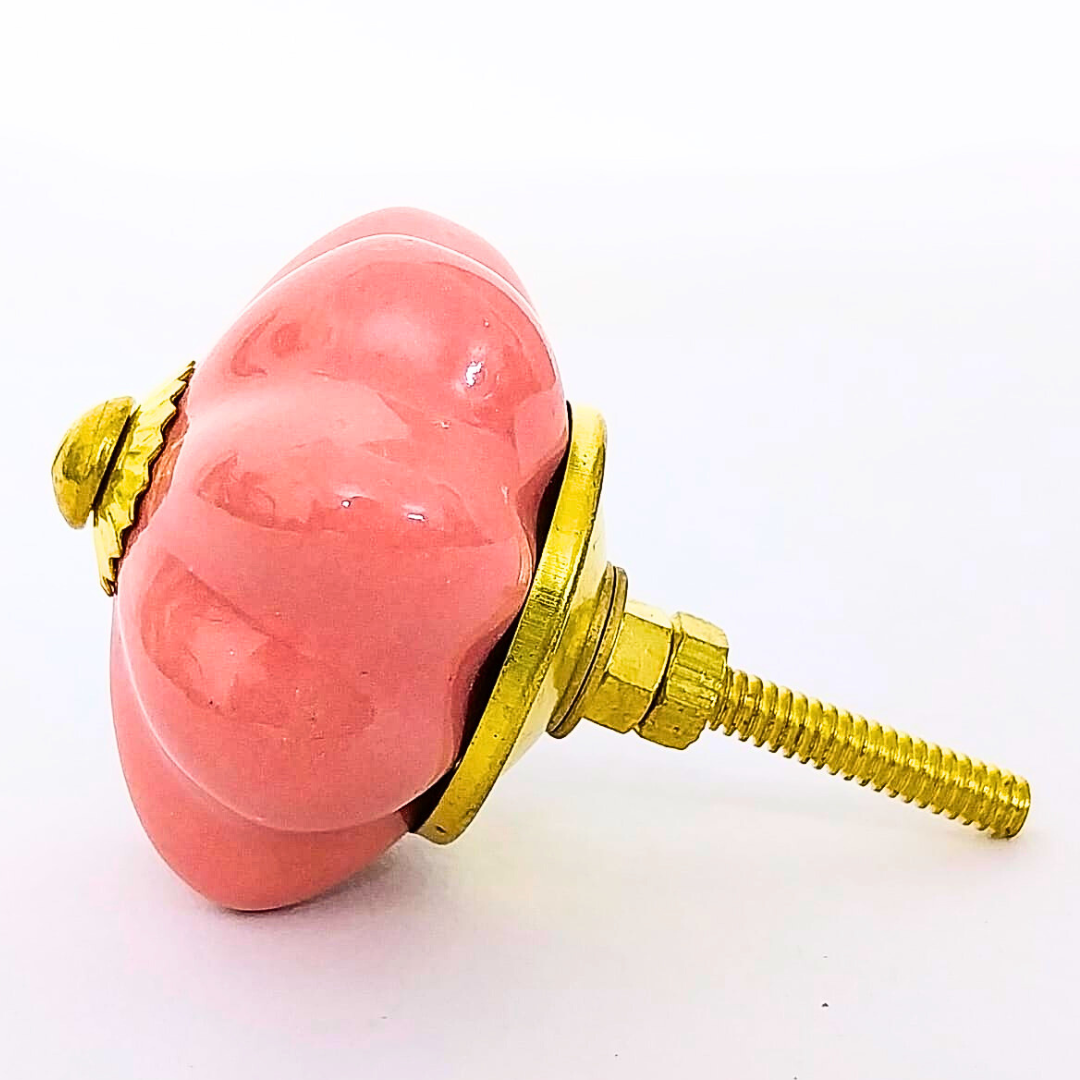 Pink Pumpkin Design Handcrafted Ceramic Knobs | Golden Fittings Drawer Pulls & Cupboard Handles | Set of 6 | Decorative Vintage Hardware for Cabinets, Dressers & Wardrobes