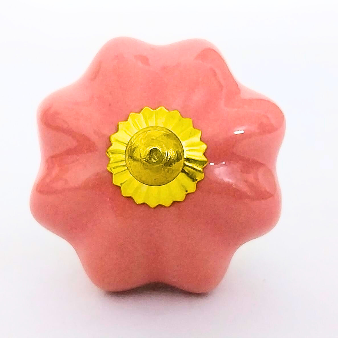 Pink Pumpkin Design Handcrafted Ceramic Knobs | Golden Fittings Drawer Pulls & Cupboard Handles | Set of 6 | Decorative Vintage Hardware for Cabinets, Dressers & Wardrobes