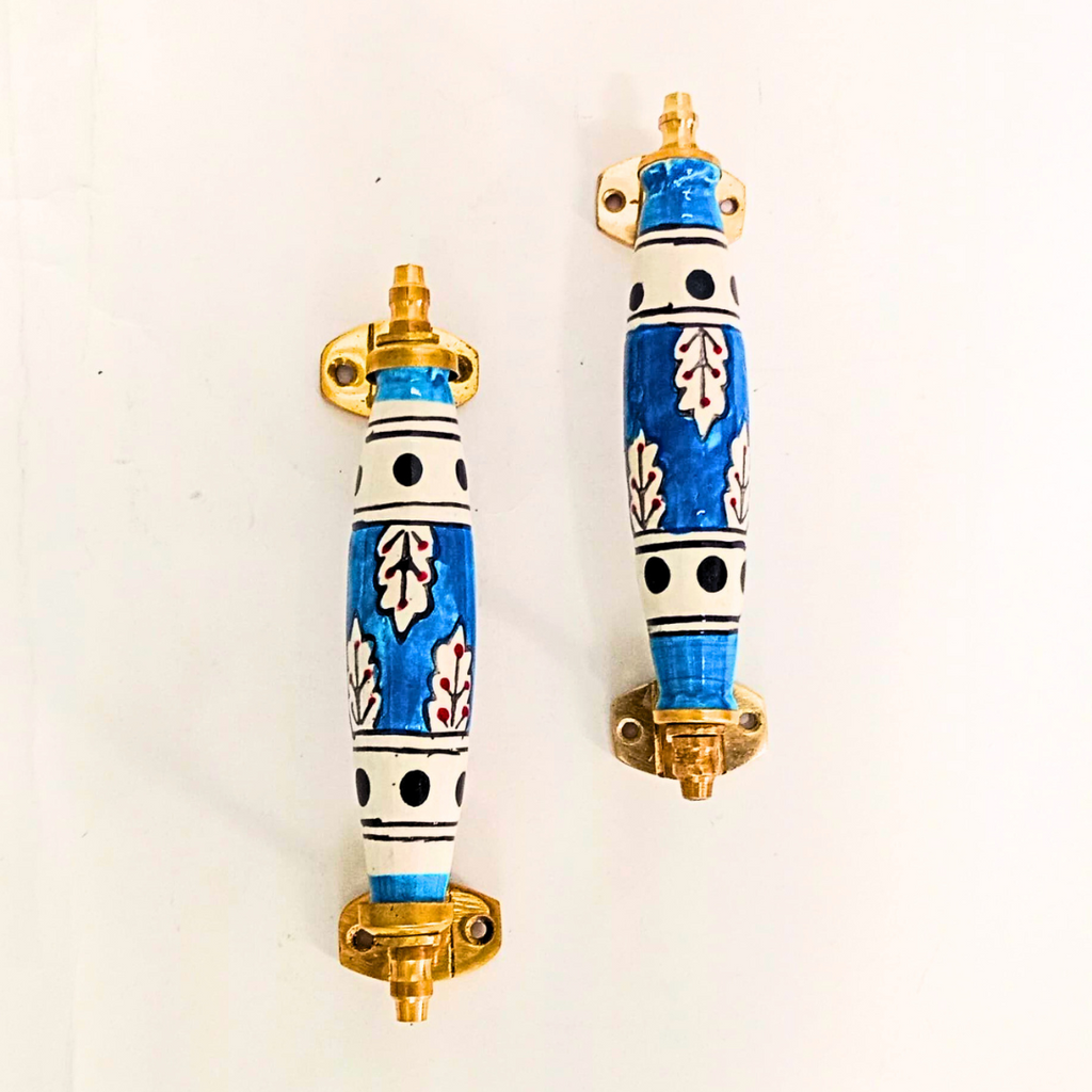 Ceramic Door Handles – Set of 2, Medium Size, White & Blue Decorative Pull Knobs for Cabinets, Drawers, and Furniture (White & Blue)