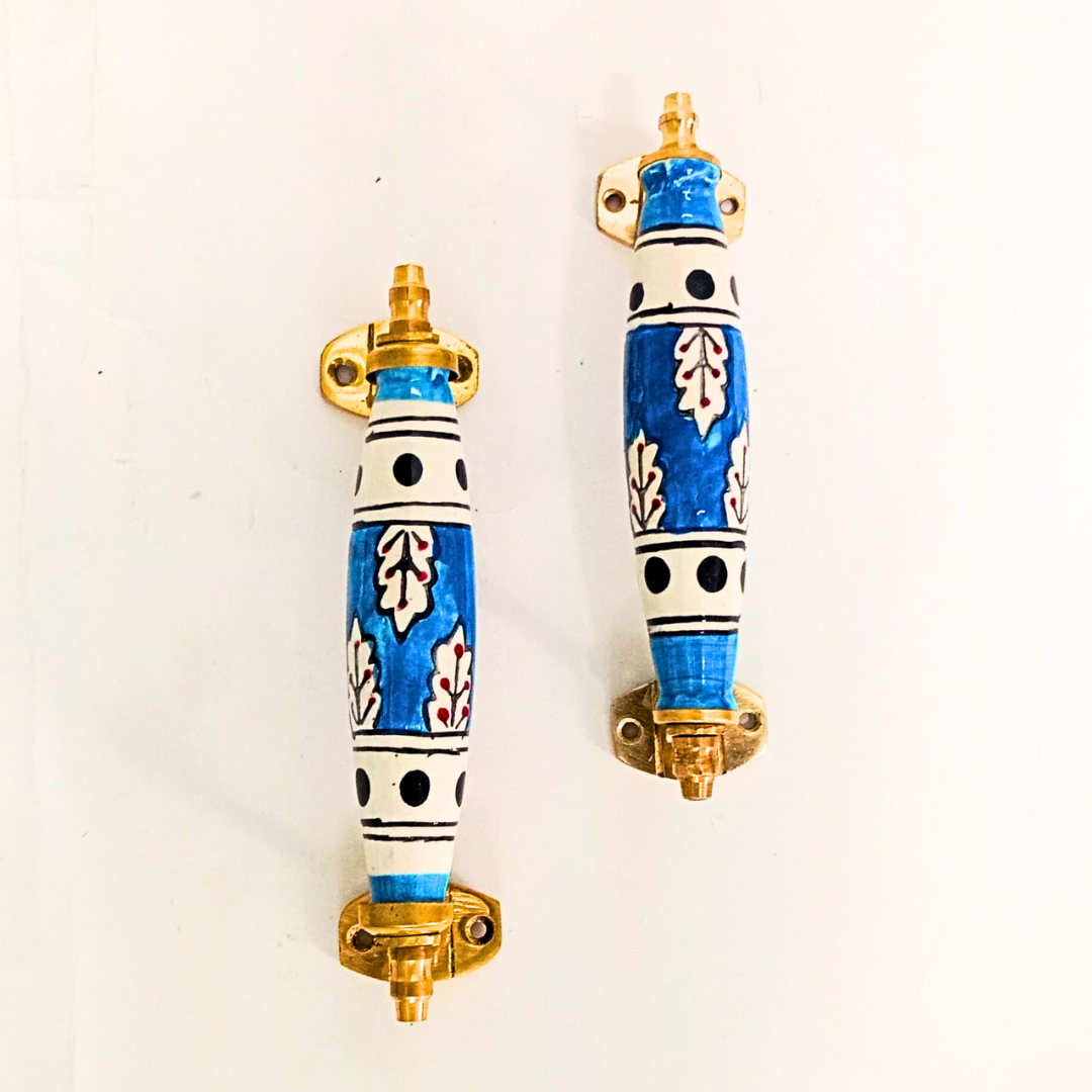 Ceramic Door Handles – Set of 2, Medium Size, White & Blue Decorative Pull Knobs for Cabinets, Drawers, and Furniture (White & Blue)