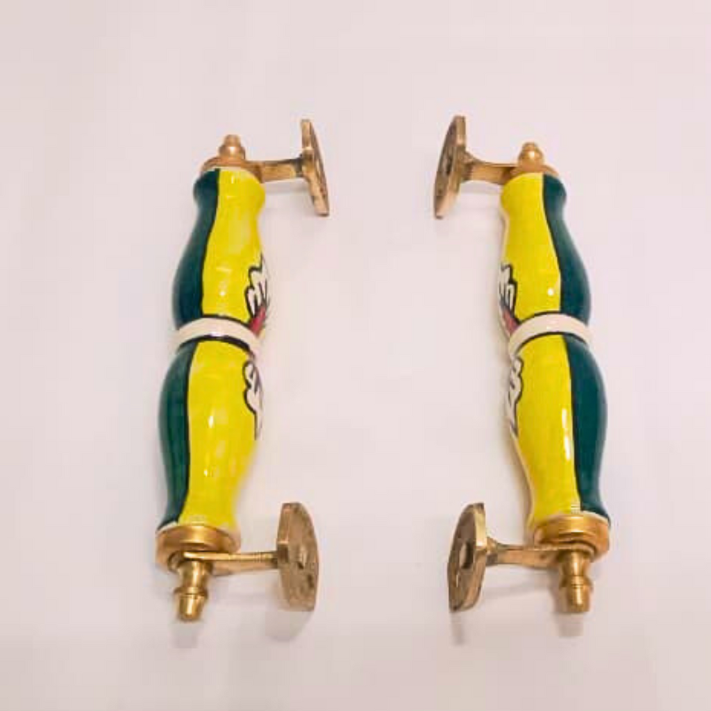 Ally Crafts Ceramic Door Handles – Set of 2, Medium Size, White & Blue Decorative Pull Knobs for Cabinets, Drawers, and Furniture (Yellow & Green)