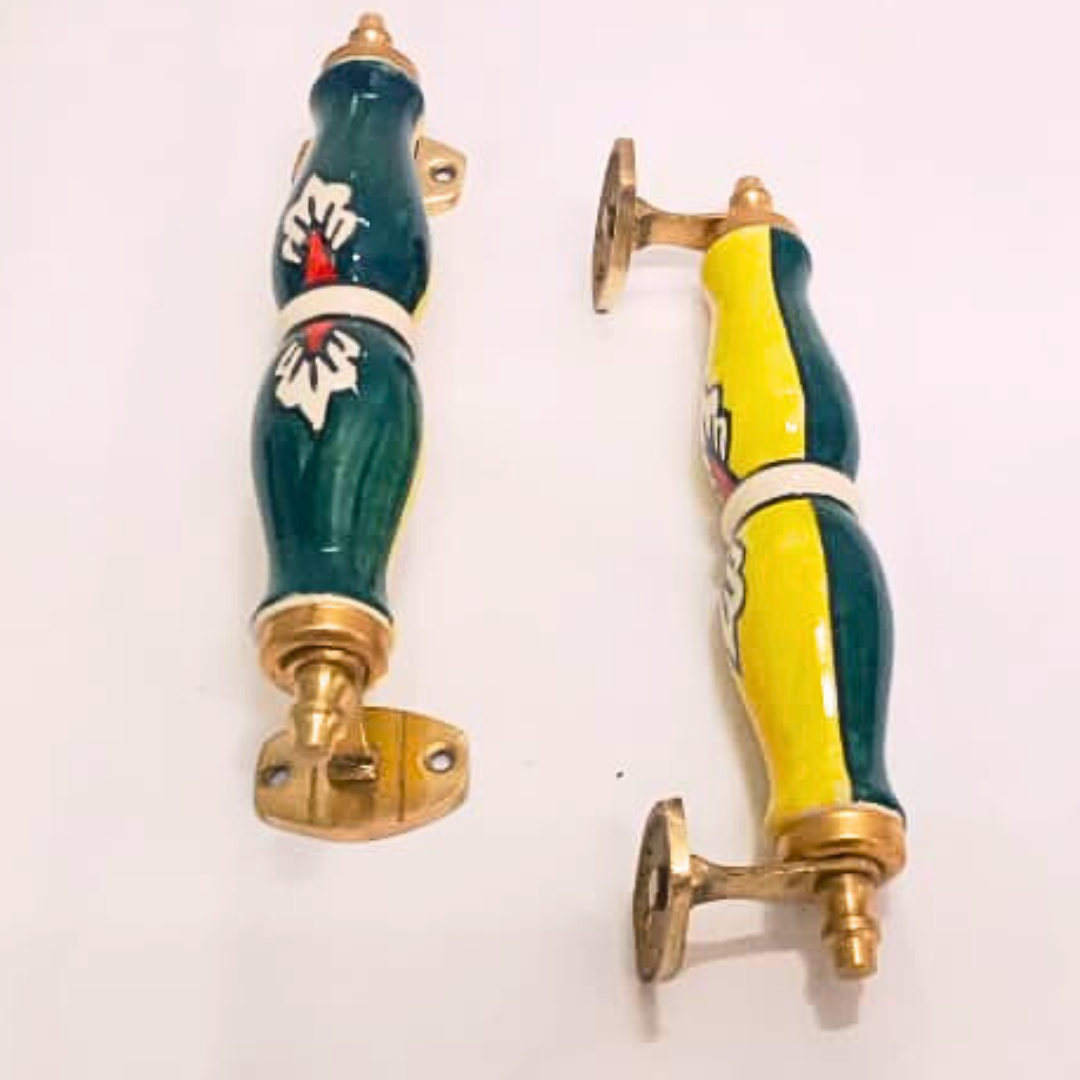 Ally Crafts Ceramic Door Handles – Set of 2, Medium Size, White & Blue Decorative Pull Knobs for Cabinets, Drawers, and Furniture (Yellow & Green)