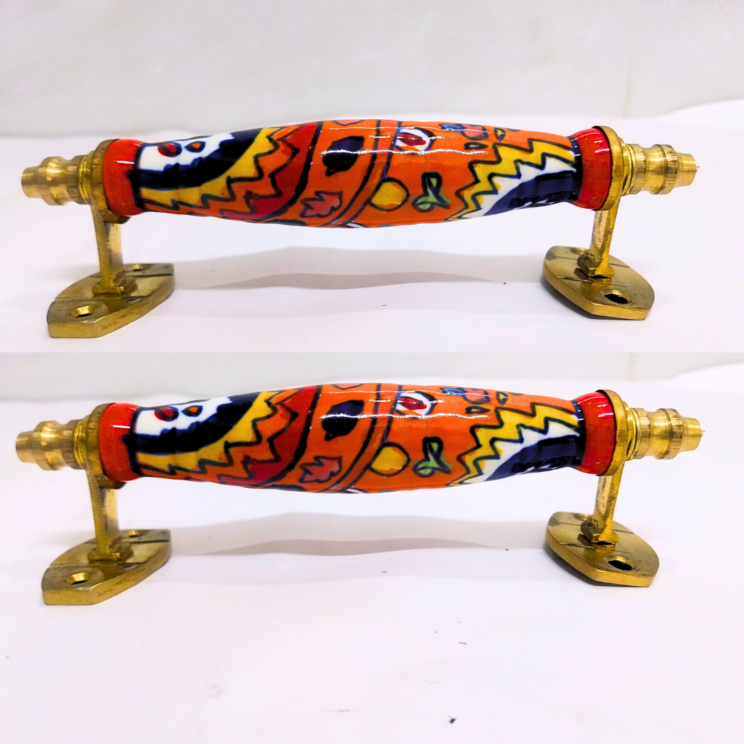 Ceramic Door Handles – Set of 2, Medium Size, White & Blue Decorative Pull Knobs for Cabinets, Drawers, and Furniture (Orange)