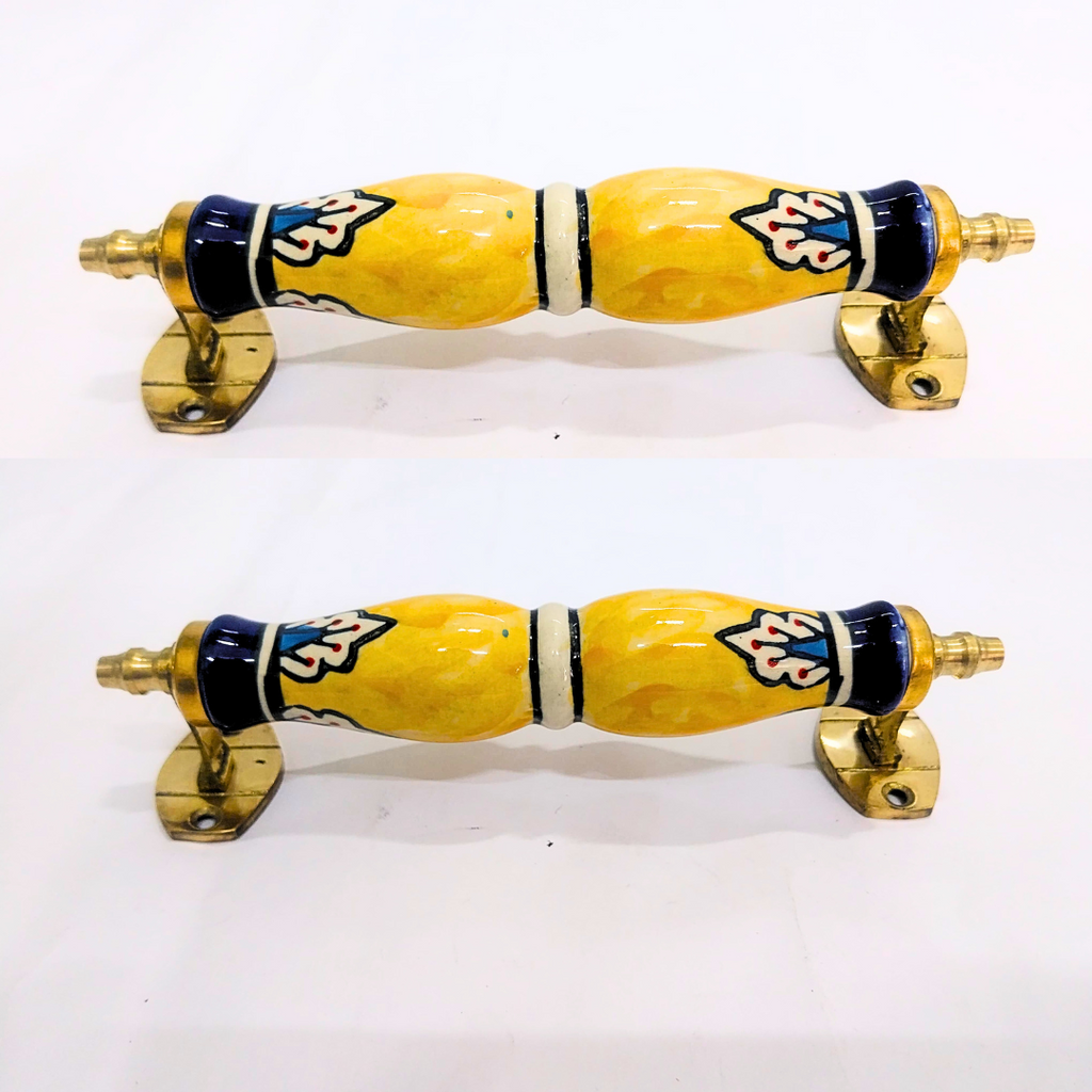 Ceramic Door Handles – Set of 2, Medium Size, White & Blue Decorative Pull Knobs for Cabinets, Drawers, and Furniture (Blue & Yellow)