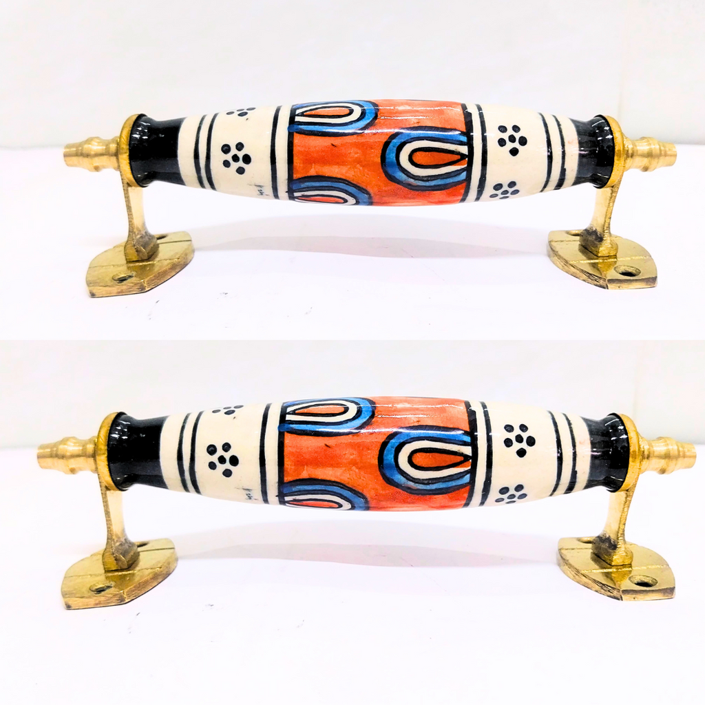 Ceramic Door Handles – Set of 2, Medium Size, White & Blue Decorative Pull Knobs for Cabinets, Drawers, and Furniture (Orange & White)