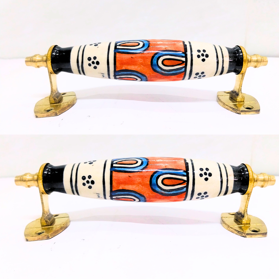 Ceramic Door Handles – Set of 2, Medium Size, White & Blue Decorative Pull Knobs for Cabinets, Drawers, and Furniture (Orange & White)