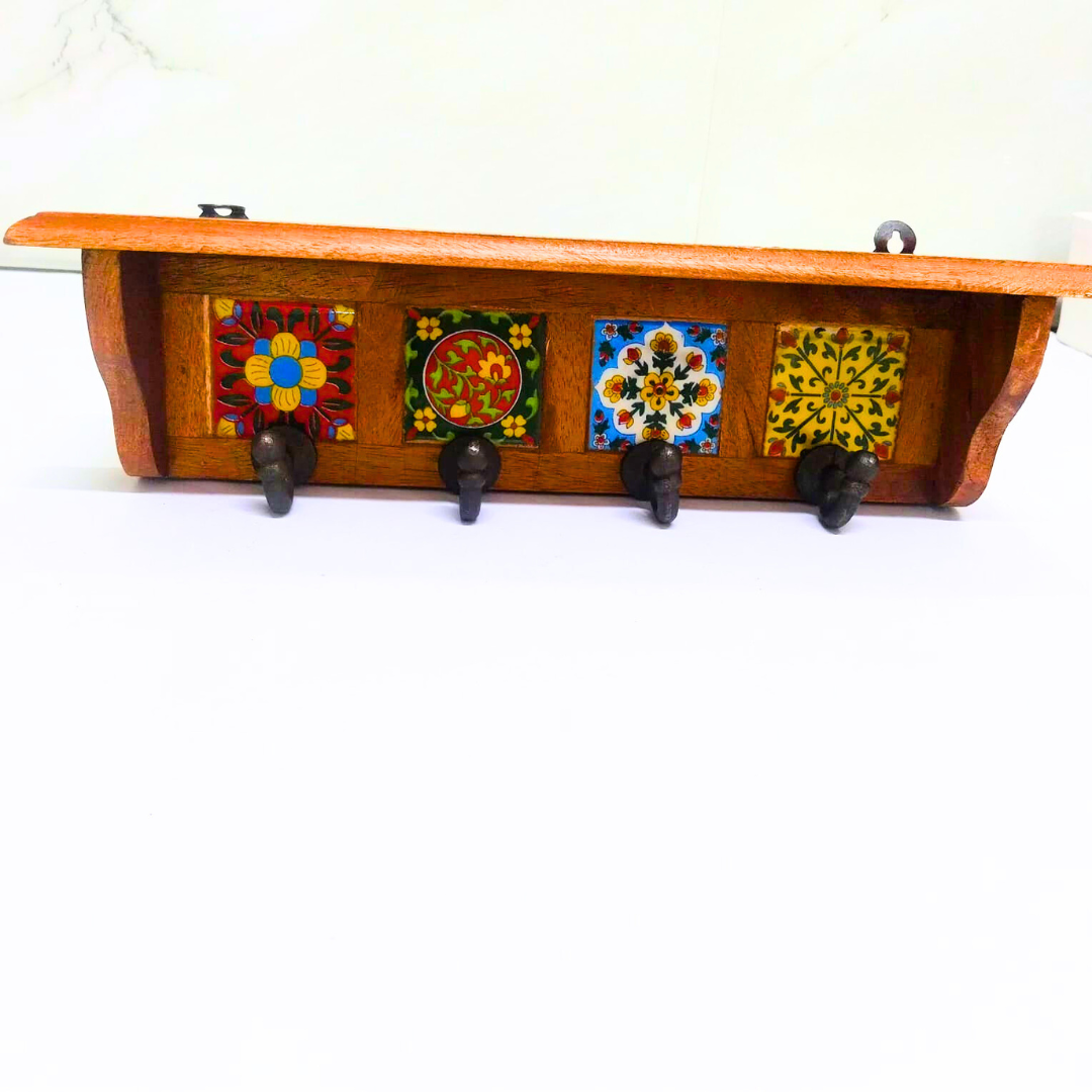 Wooden Wall Hook Rack with 4 Hooks – Handcrafted Mexican Tile Design – Decorative Wall Mounted Hanging Organizer for Home & Entryway