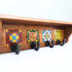 Wooden Wall Hook Rack with 4 Hooks – Handcrafted Mexican Tile Design – Decorative Wall Mounted Hanging Organizer for Home & Entryway