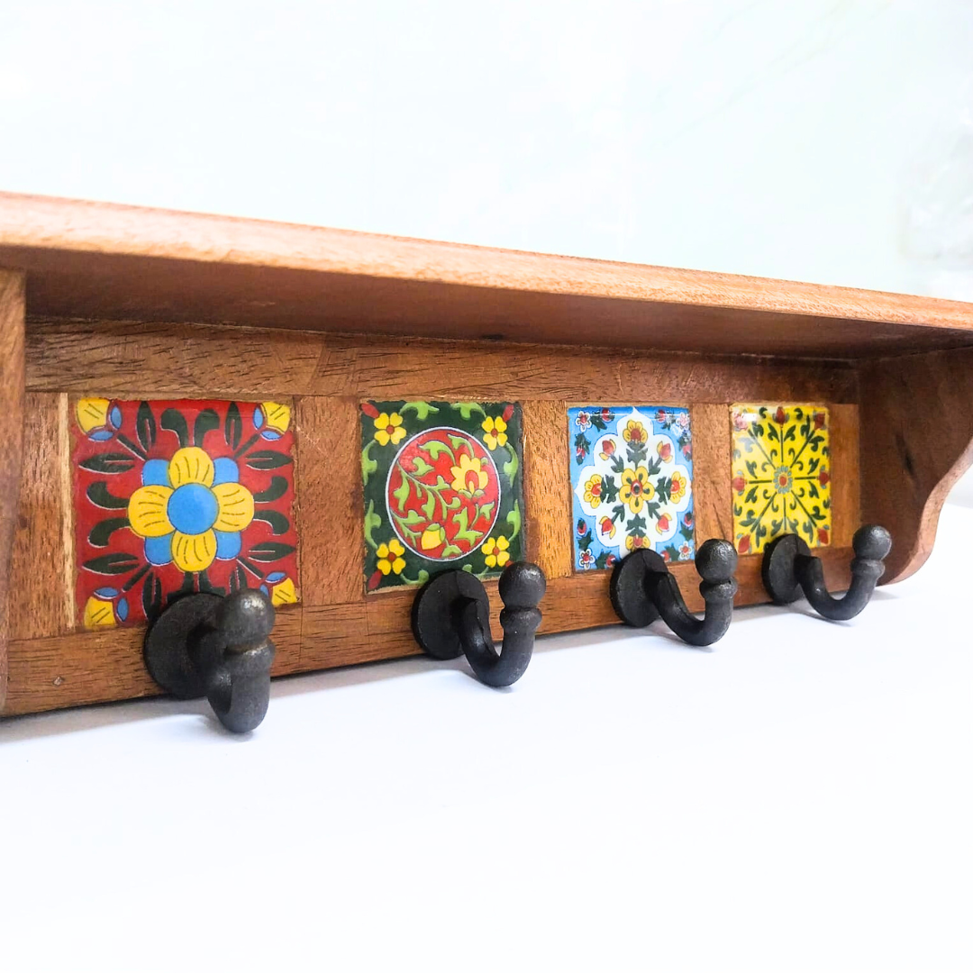 Wooden Wall Hook Rack with 4 Hooks – Handcrafted Mexican Tile Design – Decorative Wall Mounted Hanging Organizer for Home & Entryway