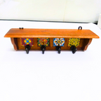 Wooden Wall Hook Rack with 4 Hooks – Handcrafted Mexican Tile Design – Decorative Wall Mounted Hanging Organizer for Home & Entryway