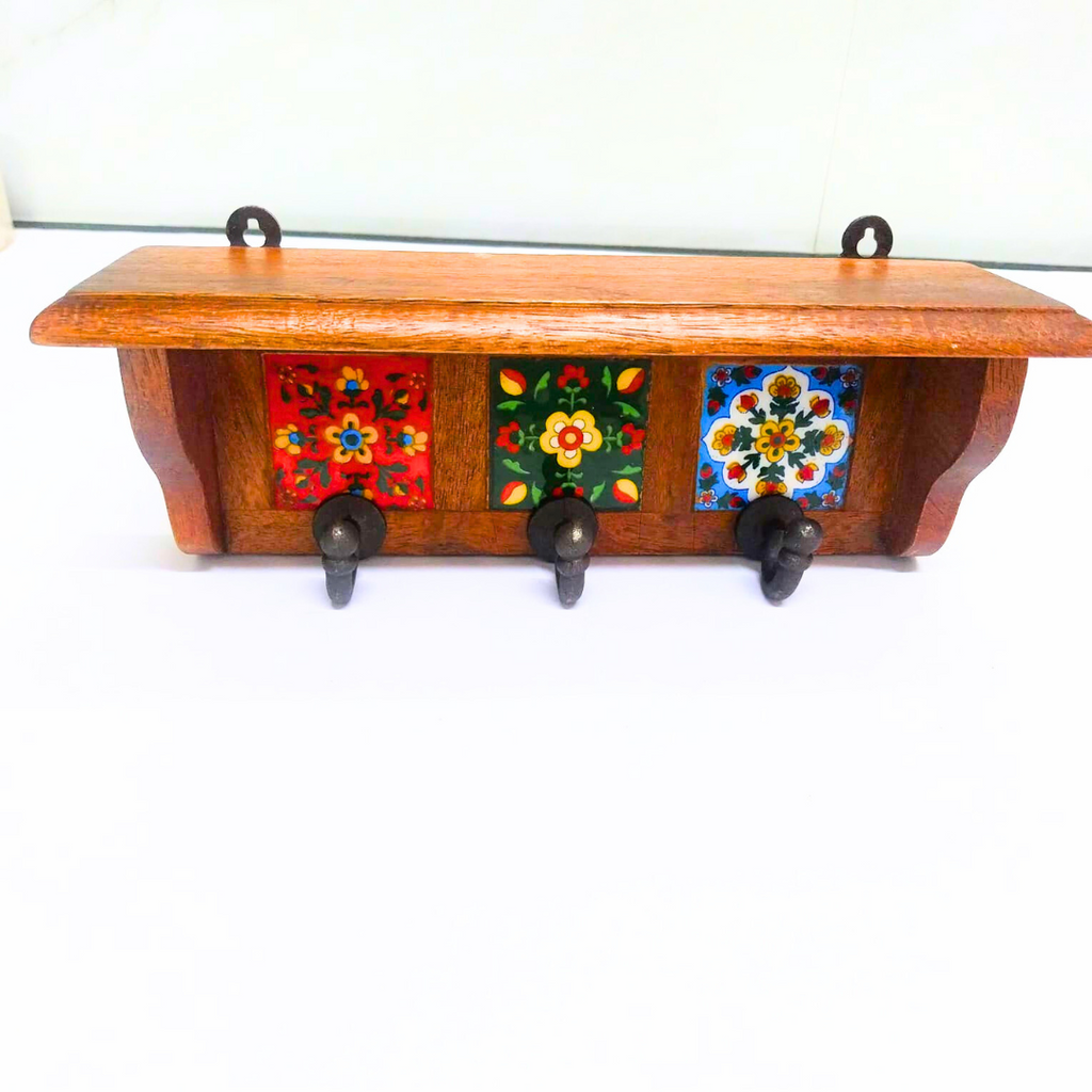 Wooden Wall Hook Rack with 3 Metal Hooks – Multicolour Folk Art Tile Design – Decorative Wall Mounted Organizer for Keys, Coats & Accessories