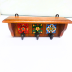 Wooden Wall Hook Rack with 3 Metal Hooks – Multicolour Folk Art Tile Design – Decorative Wall Mounted Organizer for Keys, Coats & Accessories