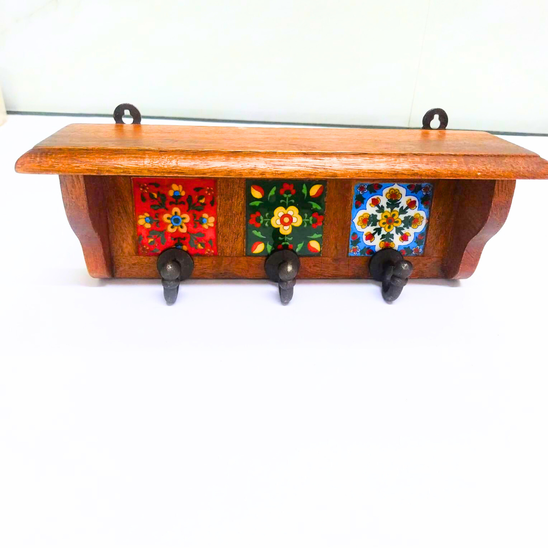 Wooden Wall Hook Rack with 3 Metal Hooks – Multicolour Folk Art Tile Design – Decorative Wall Mounted Organizer for Keys, Coats & Accessories