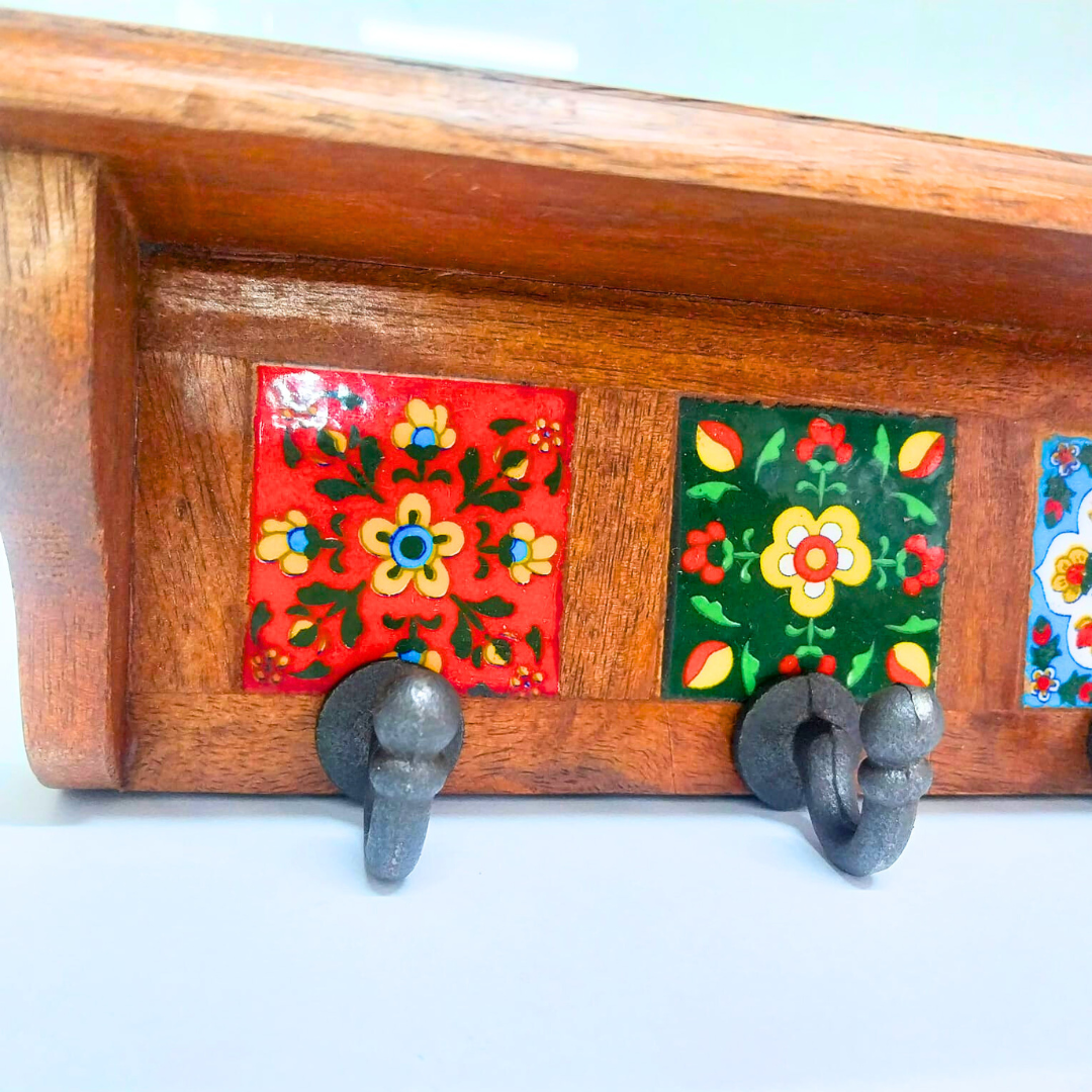 Wooden Wall Hook Rack with 3 Metal Hooks – Multicolour Folk Art Tile Design – Decorative Wall Mounted Organizer for Keys, Coats & Accessories