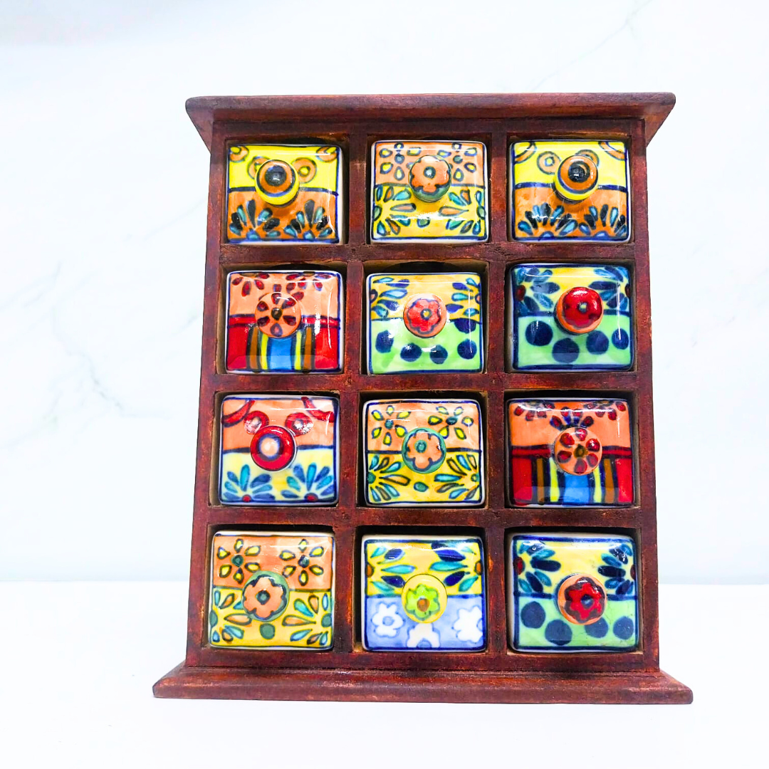 Handcrafted Wooden Spice Box with 12 Ceramic Drawers | Traditional Masala Box | Countertop Storage Organizer for Kitchen & Dining | Decorative Wooden Chest for Spices, Jewelry & Knick-Knacks